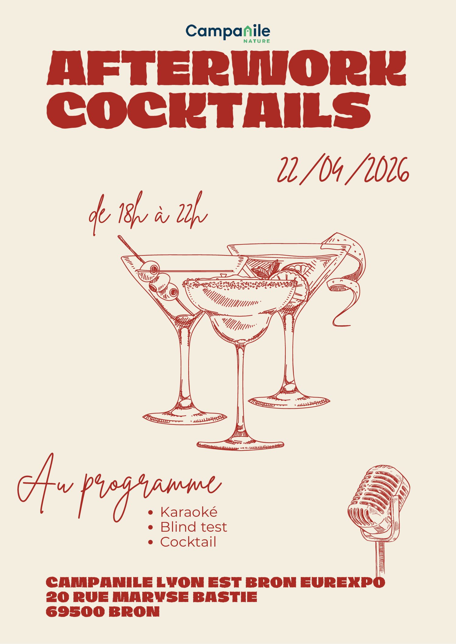 Campanile NATURE – Lyon Est Bron Eurexpo organise un afterwork Mercredi 22 Avril 2026 de 18h à 22h.